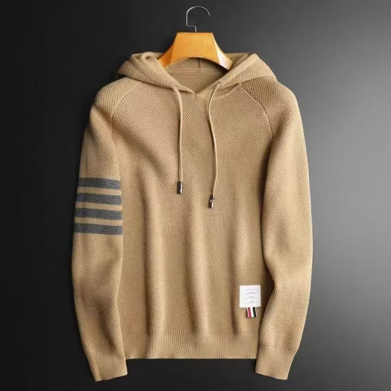 Four Bar Solid Color Hooded Loose Sweater