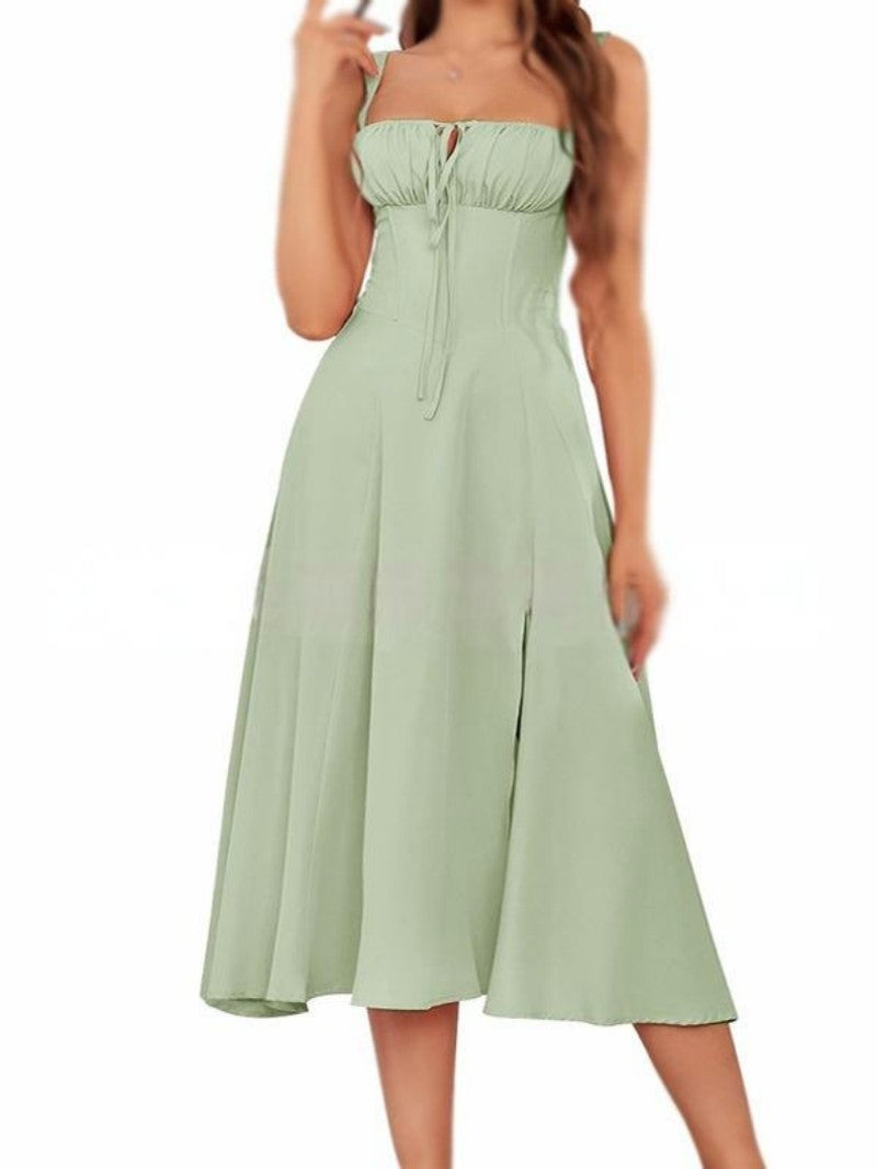 Solid Color Sling Lace-Up Dress