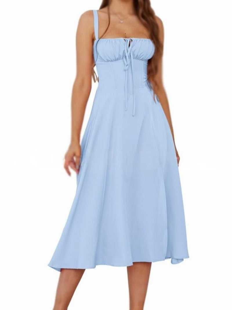 Solid Color Sling Lace-Up Dress