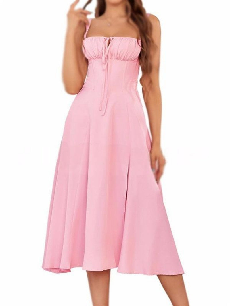 Solid Color Sling Lace-Up Dress