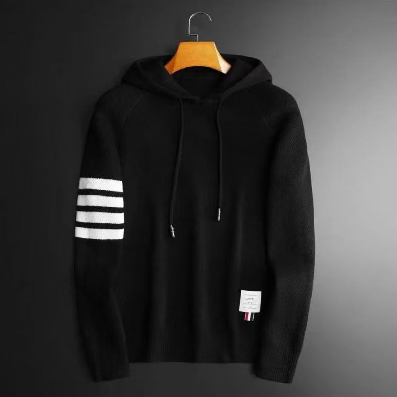 Four Bar Solid Color Hooded Loose Sweater