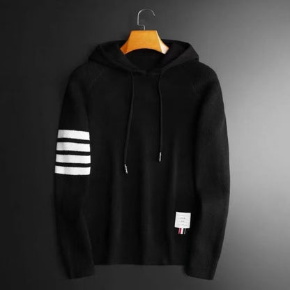 Four Bar Solid Color Hooded Loose Sweater