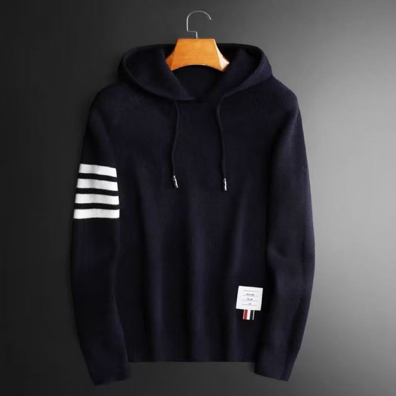 Four Bar Solid Color Hooded Loose Sweater