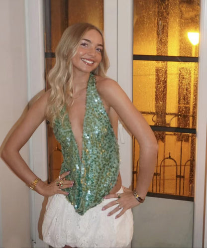 Deep V Sequin Halter