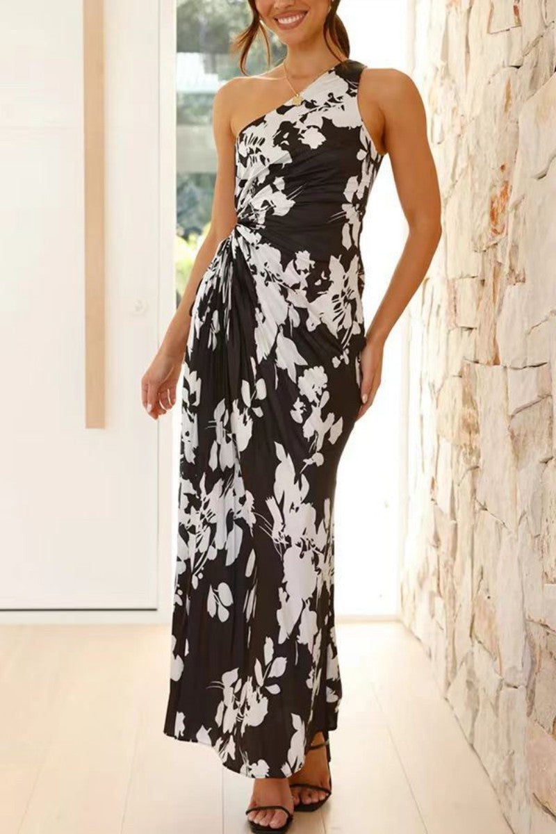 One-Shoulder Slant-Neck Pleated Cutout Dress