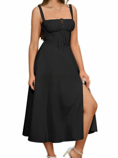 Solid Color Sling Lace-Up Dress