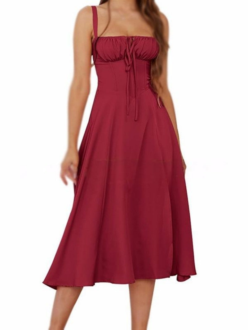 Solid Color Sling Lace-Up Dress