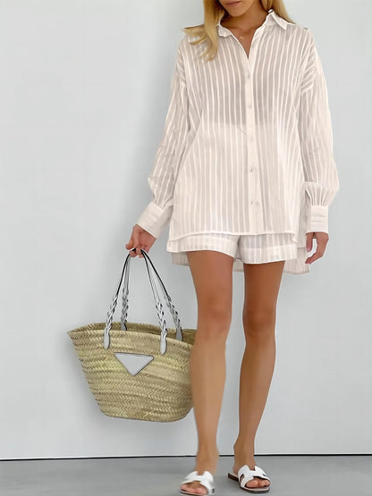Striped Bubble Sleeve Shorts Suit